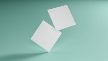 Beyaz kare kartvizit modeli yeşil naneli pastel renkli masa arkaplanında. Marka sunum şablonu baskısı. 3.5 x 2 inçlik kağıt kapağı. 3B illüstrasyon oluşturma