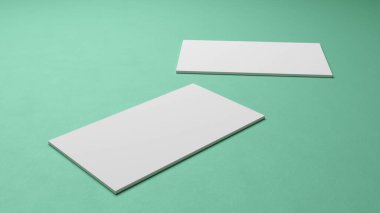 Beyaz kare kartvizit modeli yeşil naneli pastel renkli masa arkaplanında. Marka sunum şablonu baskısı. 3.5 x 2 inçlik kağıt kapağı. 3B illüstrasyon oluşturma