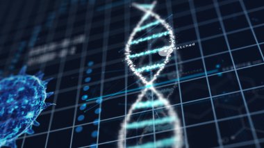 Tıbbi spiral DNA kromozom laboratuvarı ve yeşil şebeke üzerinde virüs analizi. Soyut hologram HUD arayüzü ve biyoloji kavramı. Dijital ekran teknolojisi yenilikçi. 3B illüstrasyon