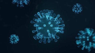 Kan damarlarındaki grip virüsünü kapat. Mavi soyut Covid-19 kablosuz Coronavirus arkaplanı. Bilim ve tıbbi konsept. İnsan vücudunda mikro çekirdek Corona virüs hücresi. 3B illüstrasyon oluşturma