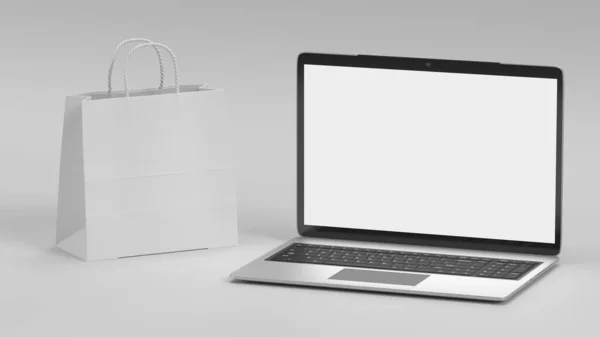 Laptop Bevásárló Táska Mockup Fehér Háttérrel Üzleti Online Technológia Tárgy — Stock Fotó