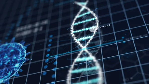 Medical tech spiral DNA Chromosome laboratory and virus analysis on green grid background. Abstract hologram HUD interface and biology concept. Digital screen technology innovative. 3D illustration