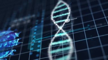Tıbbi spiral DNA kromozom laboratuvarı ve mavi şebekeye virüs analizi. Soyut hologram HUD arayüzü ve biyoloji kavramı. Dijital ekran teknolojisi yenilikçi. 4K görüntü videosu