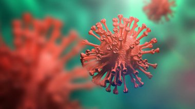 Coronavirus COVID 19 'un insan akciğeri yeşil arka planında süper yakın plan görüntüsü. Bilim mikrobiyolojisi konsepti. Red Corona virüs salgını. Tıbbi sağlık virüsü enfeksiyonu araştırması. 3B illüstrasyon
