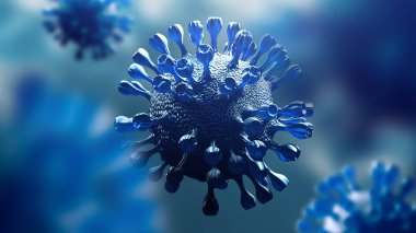 Coronavirus COVID 19 'un insan akciğeri arka planında süper yakın plan görüntüsü. Bilim mikrobiyolojisi konsepti. Mavi Corona virüs salgını. Tıbbi sağlık virüsü enfeksiyonu araştırması. 3B illüstrasyon
