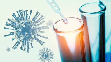 Laboratuvarda Coronavirus 'un araştırmasıyla birlikte mavi solüsyon numunesini laboratuara bırakarak kapatın. Bilim araştırmaları ve nanoteknoloji biyolojisi konsepti. Virüs ve hastalık tedavi geçmişi