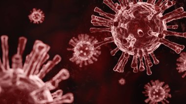 Coronavirus COVID 19 'un insan akciğeri arka planında süper yakın plan görüntüsü. Bilim mikrobiyolojisi konsepti. Red Corona virüs salgını. Tıbbi sağlık virüsü enfeksiyonu araştırması. 3B illüstrasyon