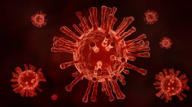 Koyu Coronavirus COVID 19 'u kapatın. Bilim mikrobiyolojisi konsepti. Red Corona virüs salgını. Tıbbi sağlık virüsü enfeksiyonu araştırması. 3B illüstrasyon oluşturucu