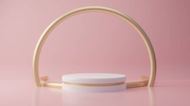 Arka planda altın yüzük olan pembe pastel ürün standı. Soyut asgari geometri kavramı. Stüdyo podyum teması. Sergi ve iş tanıtım aşaması. 3B illüstrasyon oluşturma