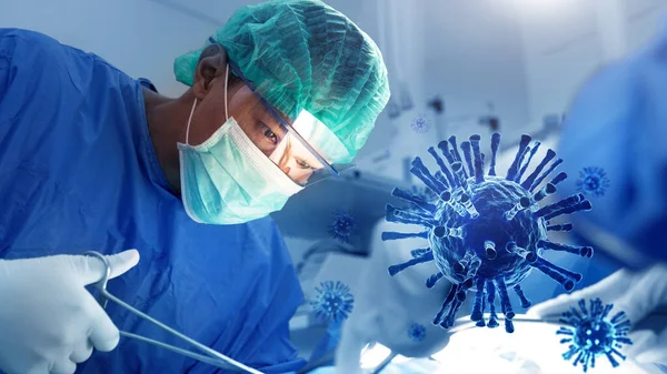 Lekarz Operujący Ludzkie Płuco Celu Ratowania Pacjenta Koronawirusowej Grypy Sali — Zdjęcie stockowe