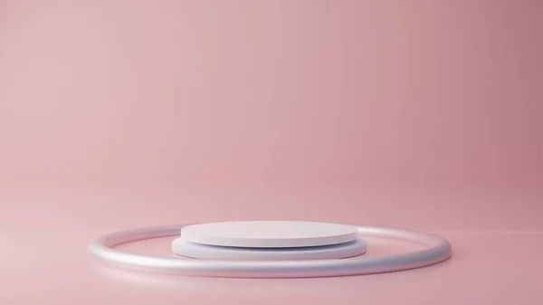 Rózsaszín Pasztell Termék Stand Arany Gyűrű Háttérben Absztrakt Minimális Geometria — Stock Fotó