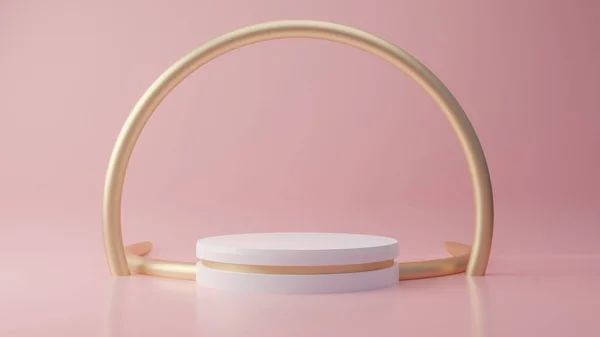 ピンクのパステルカラーの製品は 金のリングを背景に立っています 抽象最小幾何学の概念 スタジオプラットフォームの表彰台のテーマ 展示会やビジネスマーケティングのプレゼンテーションステージ 3Dイラストレンダリング — ストック写真
