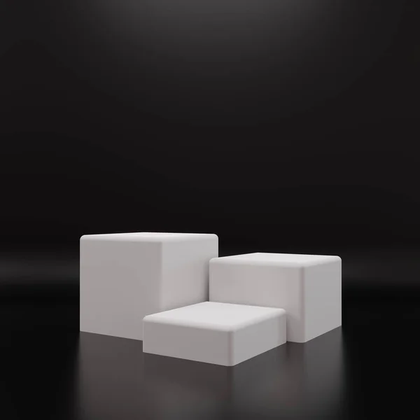 Mesa Exibição Produto Cubo Retângulo Branco Fundo Preto Conceito Geometria — Fotografia de Stock