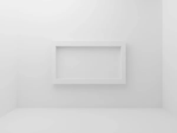 White empty room with mockup photo frame border in middle of wall background. Abstract and decorative object concept. Minimal architecture and simplicity theme. 3D illustration render graphic design