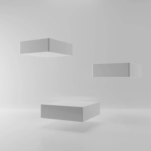 Schwebende Quadratische Bühne Auf Weißem Hintergrund Zusammenfassung Von Drei Podesten — Stockfoto