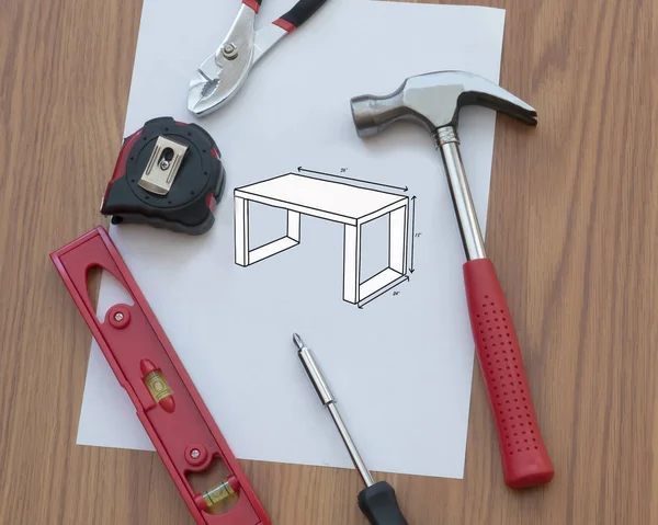 Building furniture with plans and a variety of tools for the DIY — Stock Photo, Image