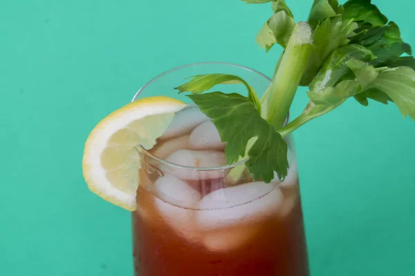 Refreshing Bloody Mary Lettuce Lemon Vodka Spices Delicious Alcoholic Drink — Stock Photo, Image