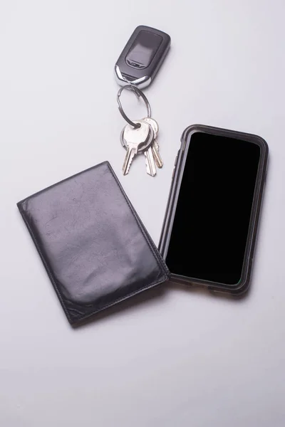 Portfel Klucze Telefonu Komórkowego Używane Codziennych Czynności Pracy Domu Rekreacji — Zdjęcie stockowe