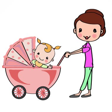 Anne ile kız bebek pembe bebek arabası