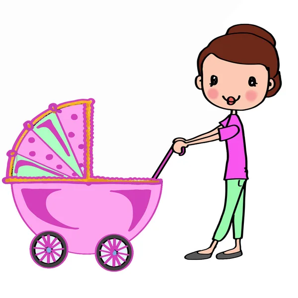 Ibu dengan kereta bayi merah muda — Stok Foto