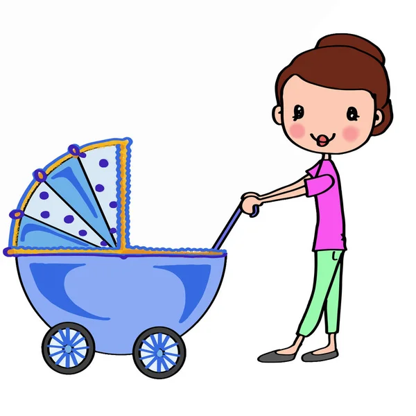 Mor i blå barnvagn med pojke baby — Stockfoto
