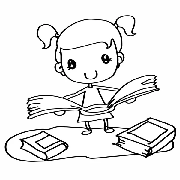 Aranyos lány olvasó egy könyv színezés — Stock Fotó
