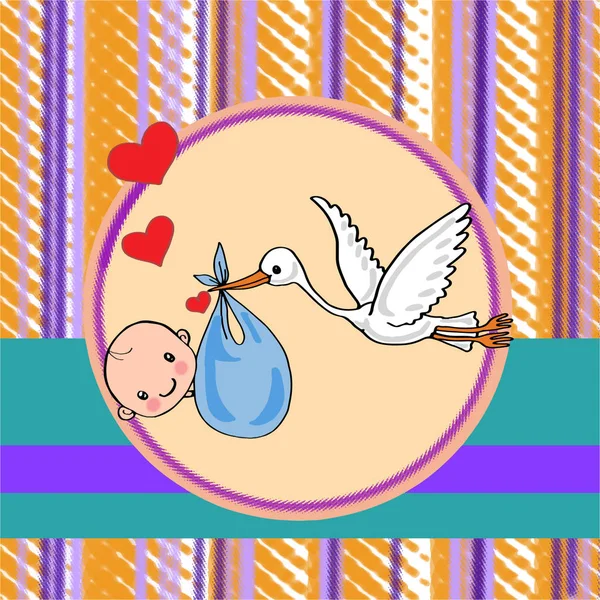 Renkli çizgili arka plan ile erkek bebek taşıyan leylek — Stok fotoğraf