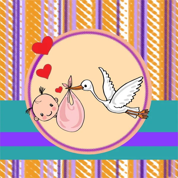 Renkli çizgili arka plan ile kız bebek taşıyan leylek — Stok fotoğraf