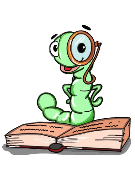 Roztomilý Chytrý Červ Čtení Knihy Ilustrace Kreslené Kreslení — Stock fotografie