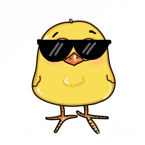 可爱的黄色戴墨镜小鸡插画卡通画 — 图库照片