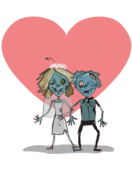 Schattig Mannelijke Vrouwelijke Zombie Romantisch Hart Achtergrond — Stockfoto