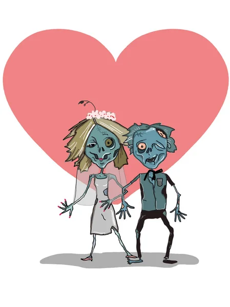 Mignon Mâle Femelle Zombie Romantique Fond Coeur — Photo