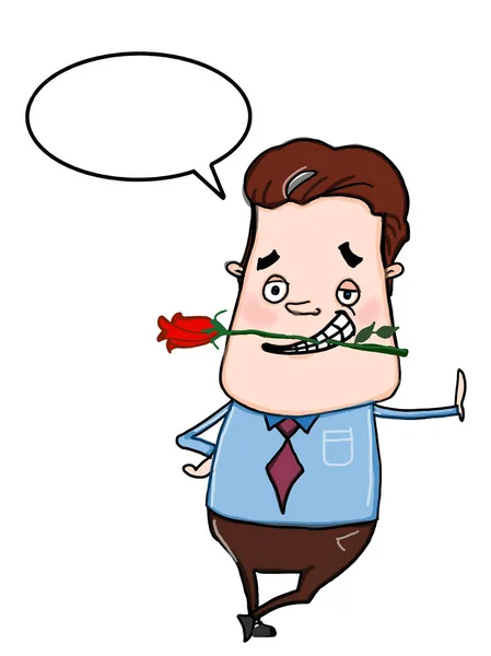 cartoon man with a rose in his mouth and speech bubble