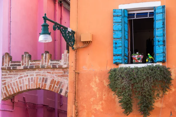 Barevné stěny a okna na ostrově Burano, Benátky — Stock fotografie