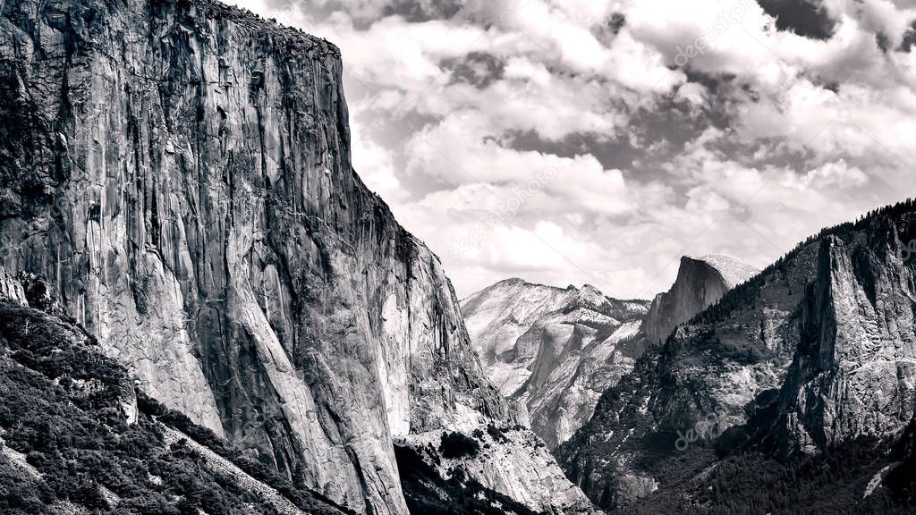 Famous landscape view of Yosemite national park in black and white