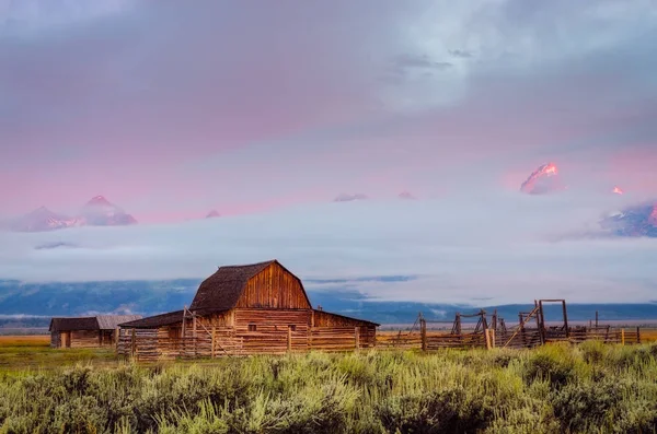 Vue panoramique de la grange abandonnée au lever du soleil à Grand Teton, États-Unis — Photo