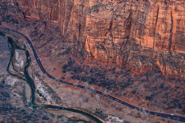 Aerial landscape view of rock cliffs and a road in Zion national — Stock Photo, Image