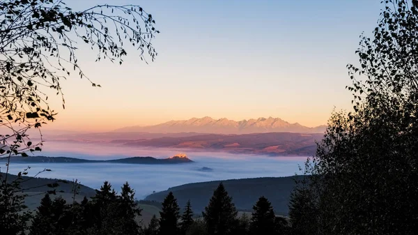 Landschapsmening van Spis kasteel en hoge Tatra bergen op sunri — Stockfoto