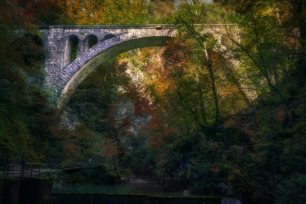 Schöne bunte Landschaft Ansicht der alten Steinbrücke und Herbst — Stockfoto