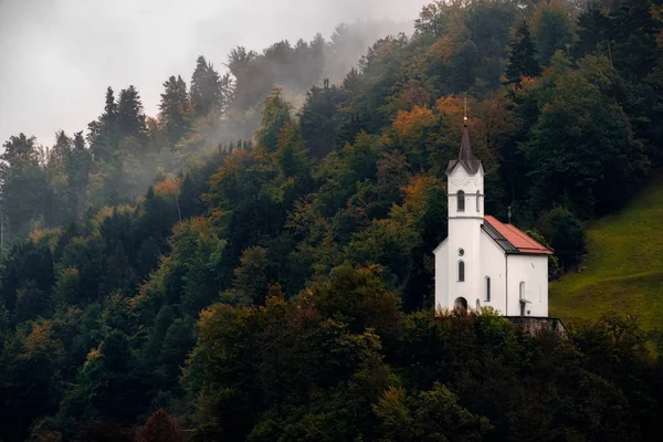 Szcenírozott kilátás a kis templom egy dombon a fák között, Szlovénia — Stock Fotó