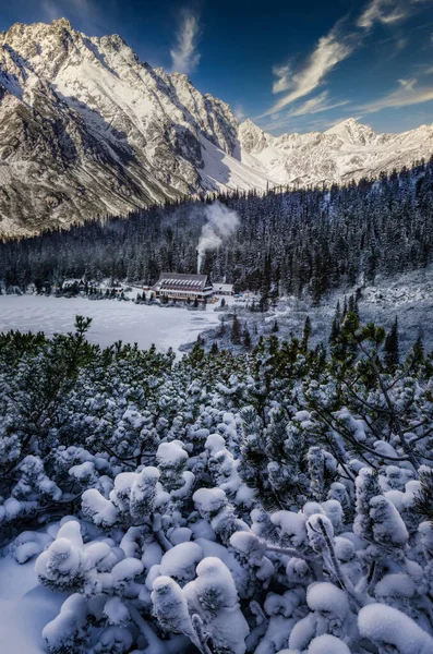 Kış Dağ Kulübelerinin Manzarası Yüksek Tatras Slovakya — Stok fotoğraf