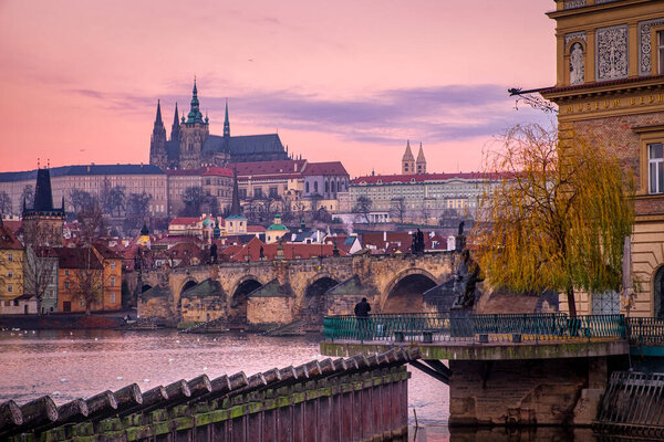 Citiscape view of Prague castle and Charles bridge at sunrise, Prague, Czech republic, Europe