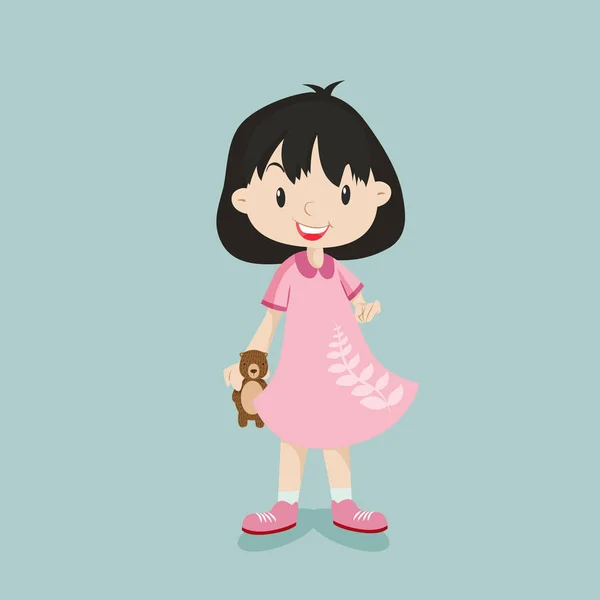 Linda chica jugar osito de peluche — Vector de stock