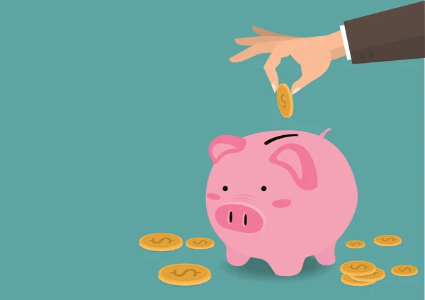 Mão colocando moeda um Piggy banco conceito de poupança de dinheiro de crescimento — Vetor de Stock