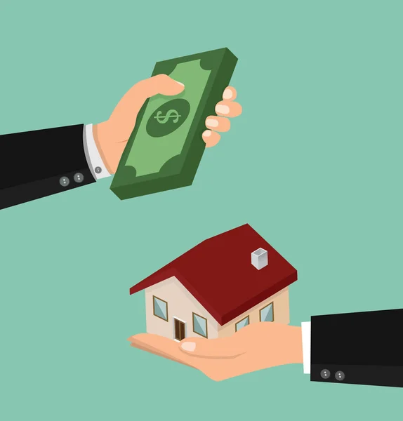 Manos sosteniendo dinero y una casa — Vector de stock