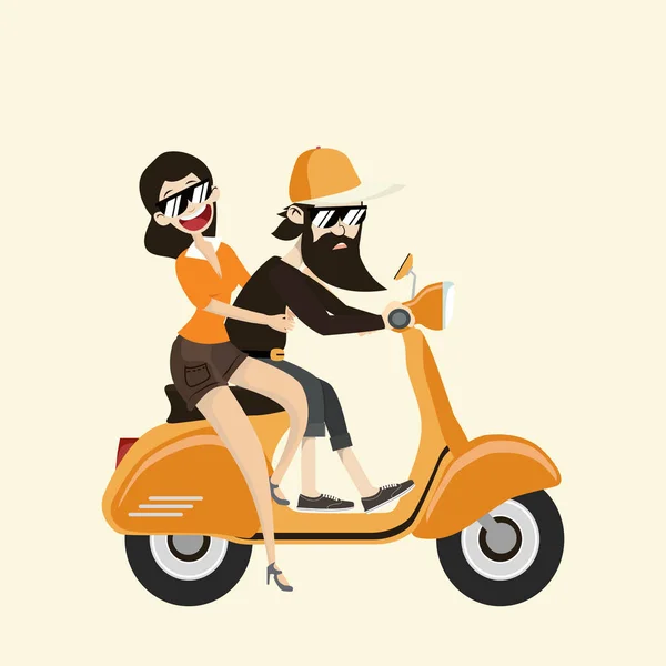 Hipster hombre y mujer con scooter amarillo — Vector de stock