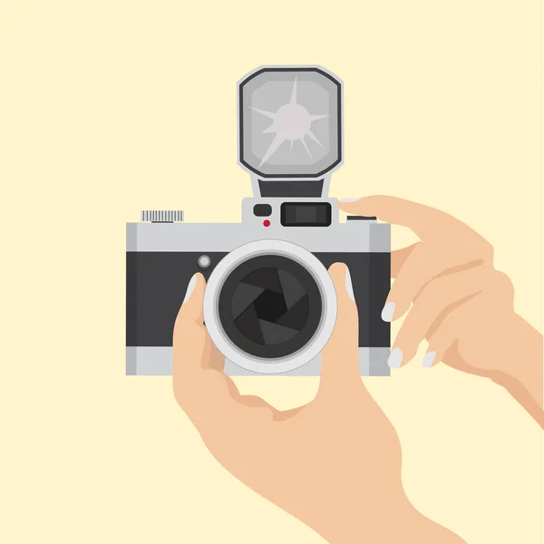 Χέρι κρατά ένα σφηνάκι με μια φωτογραφική μηχανή — Διανυσματικό Αρχείο