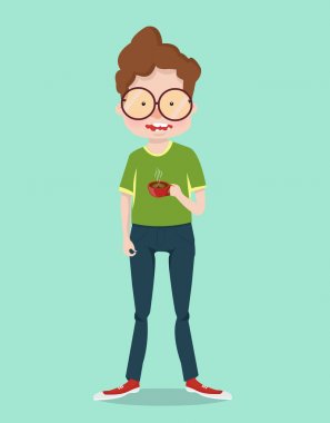 Kırmızı bir kahve tutan gözlüklü adam