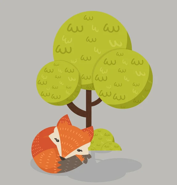 Lindo Rojo Zorro Durmiendo Bajo Árbol — Vector de stock