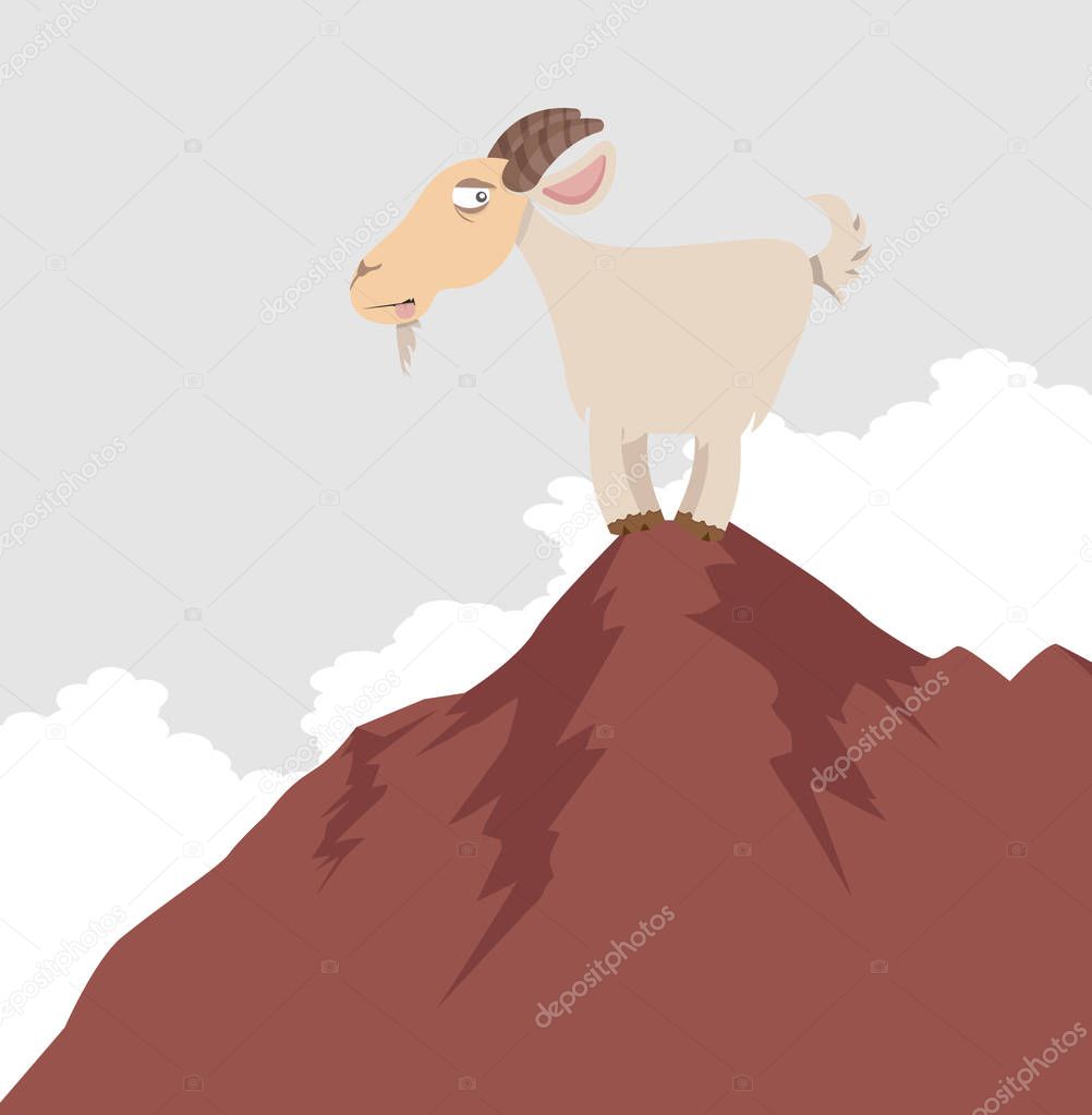 Cute cartoon goat on the top of a mountain